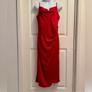 Lulu’s Silky Red Slip Midi Dress, Med